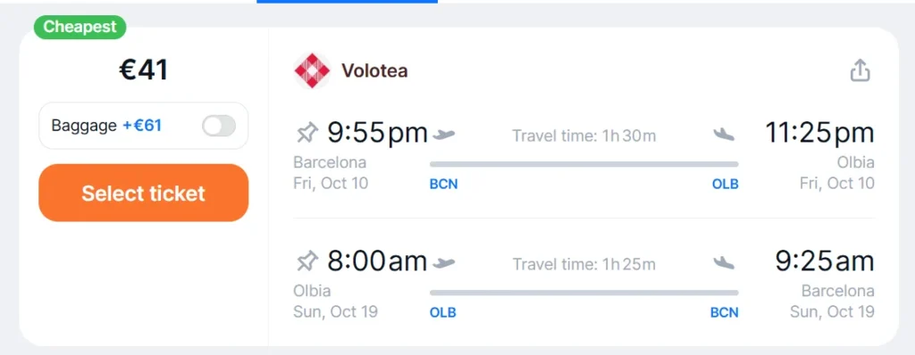 Oferta de vuelo Barcelona – Olbia (Cerdeña, Italia) ida y vuelta en octubre 2025 por 41 €.
