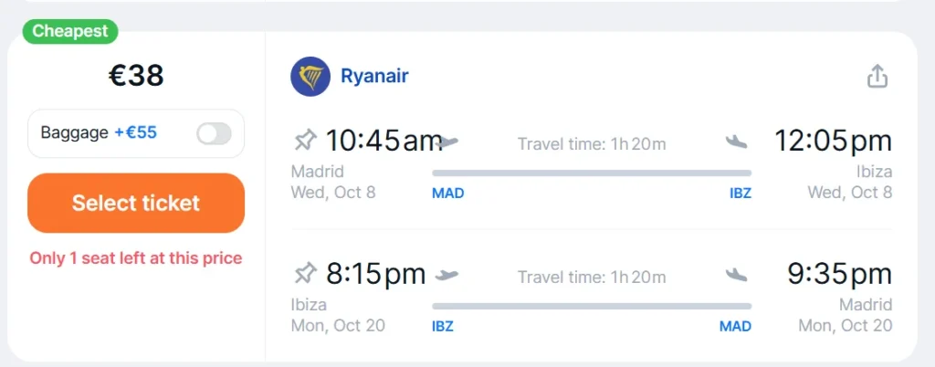 Vuelos Baratos desde Madrid a Ibiza con Ryanair desde 38 euros ida y vuelta.
