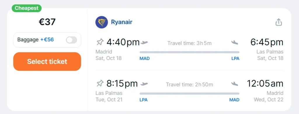 Vuelos Baratos desde Madrid a Las Palmas con Ryanair desde 37 euros ida y vuelta.