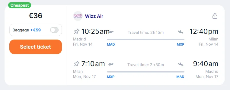 Vuelos baratos Madrid – Milán desde 36 € con Wizz Air.