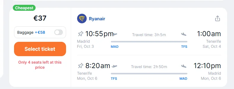 Vuelos baratos Madrid – Tenerife desde 37 € con Ryanair.