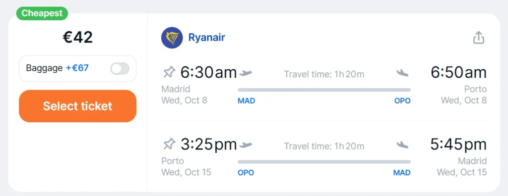 Vuelos Baratos desde Madrid a Oporto con Ryanair desde 42 euros ida y vuelta.